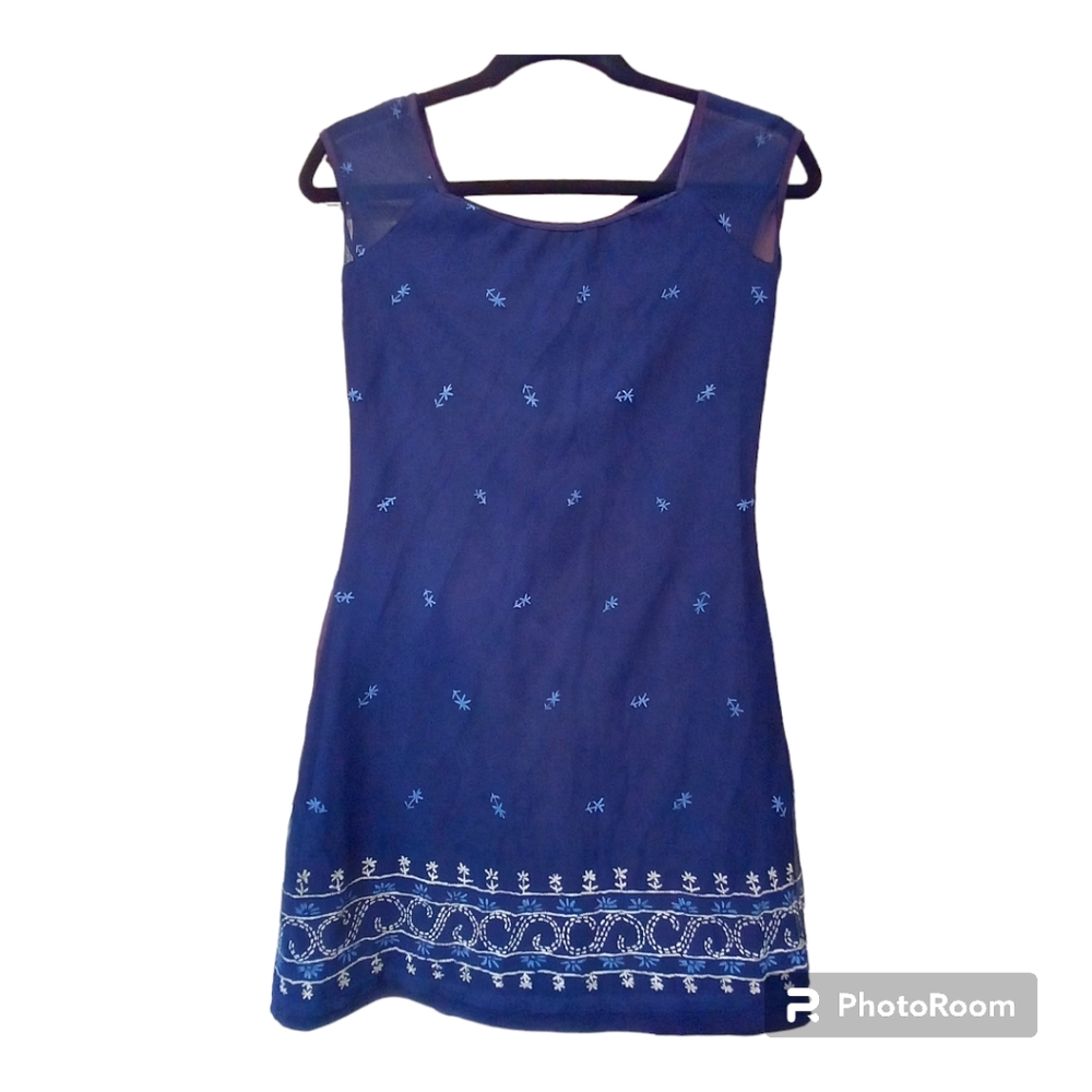 Byer Too! VTG Y2K Mini Dress Size Medium Navy Blue Mesh Overlay Embellishments